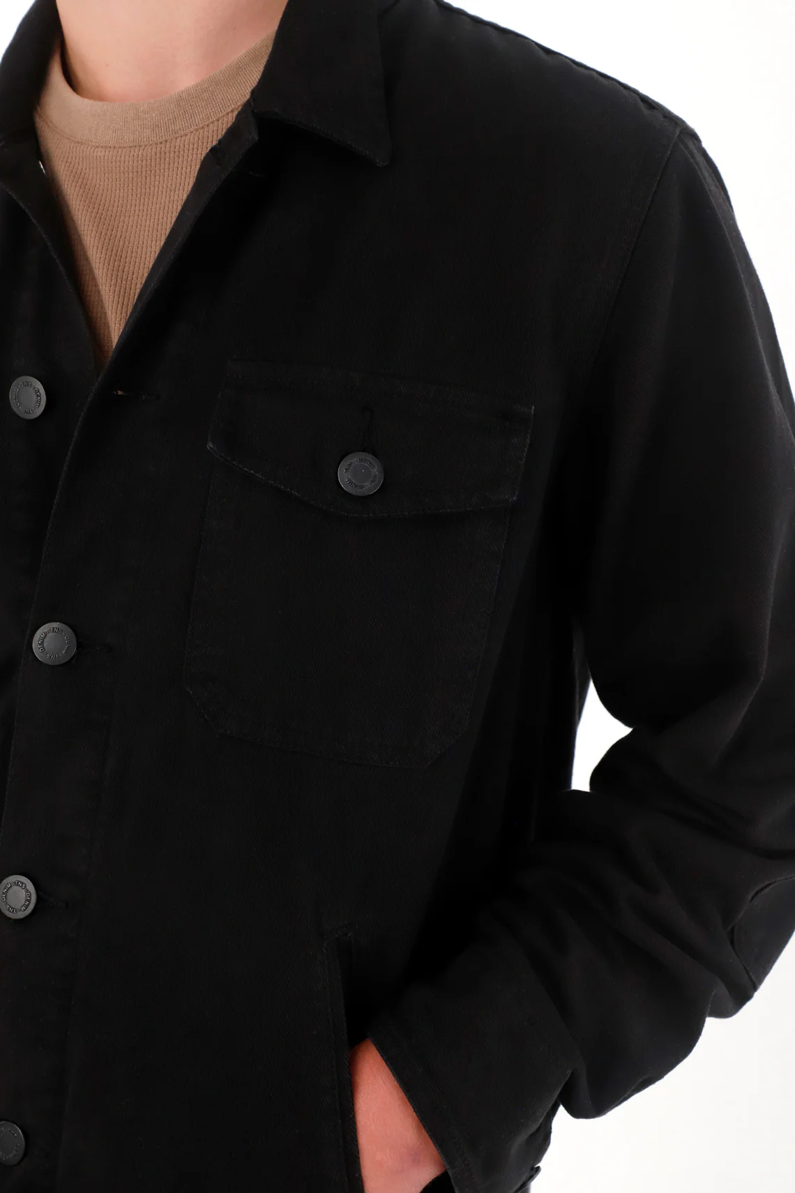 Men's Black Denim Jacket with Decorative Stitching - Image 3