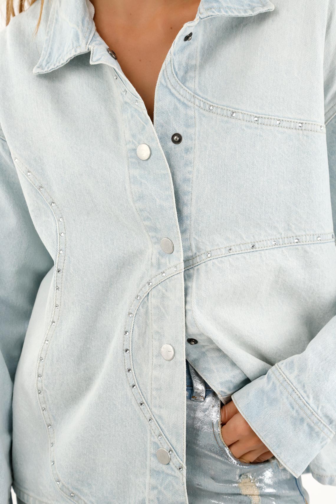 Women's Blue Denim Overshirt with Appliques - Image 3