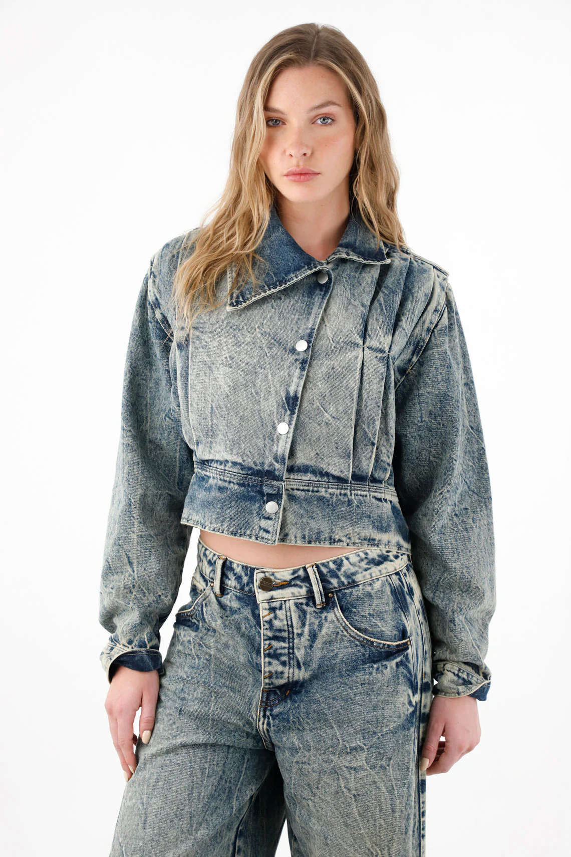 Women's Blue Asymmetrical Lapel Crop Jacket - Image 4