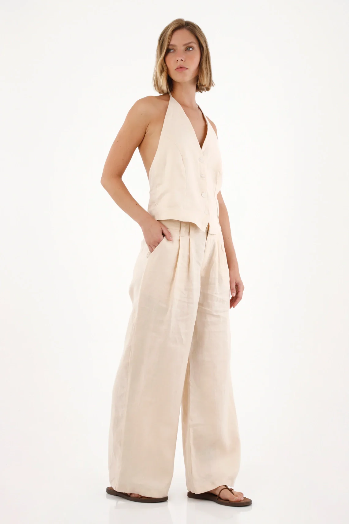 Beige Linen Wide Leg Pants for Women with Front Pleats - Image 2