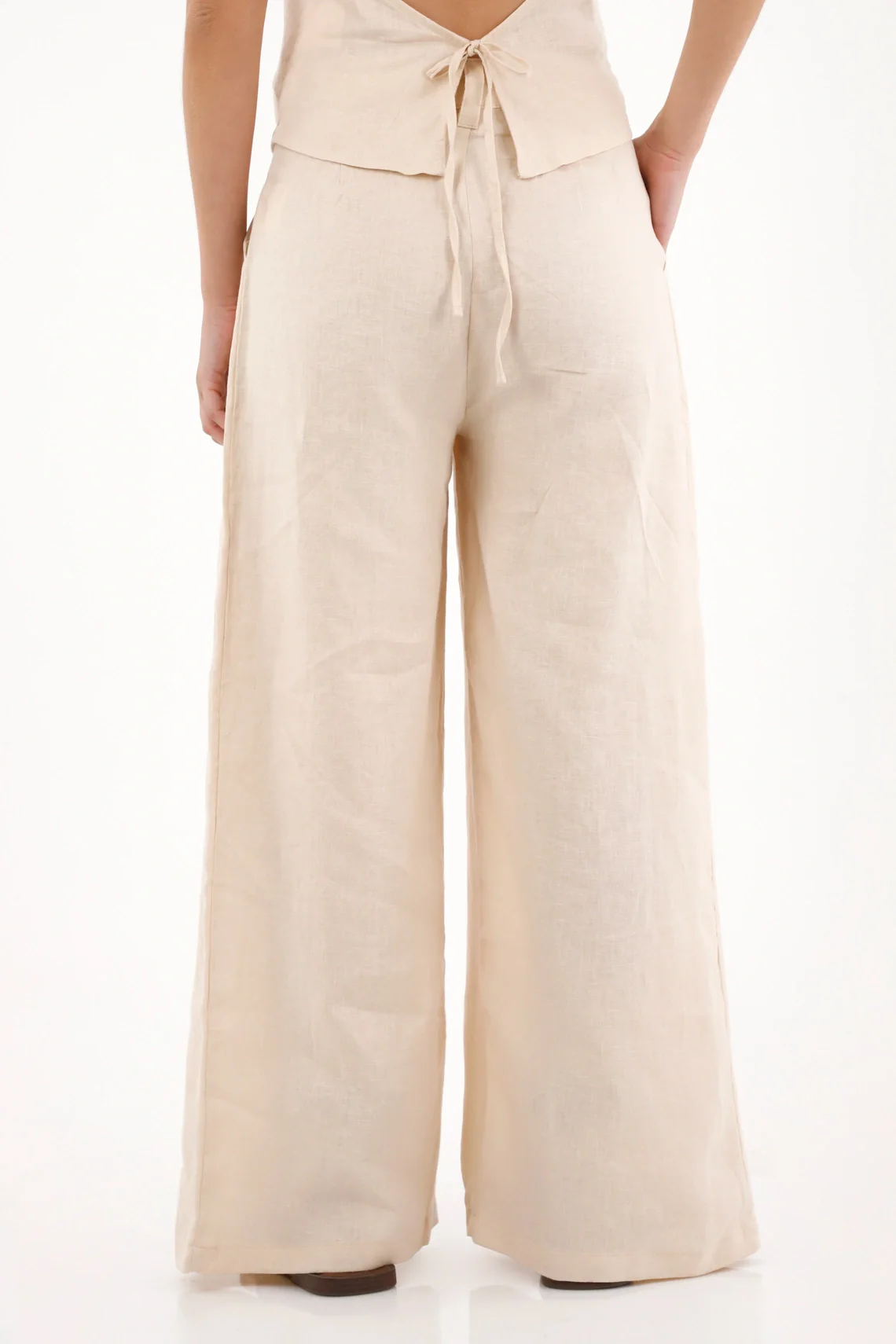 Beige Linen Wide Leg Pants for Women with Front Pleats - Image 5