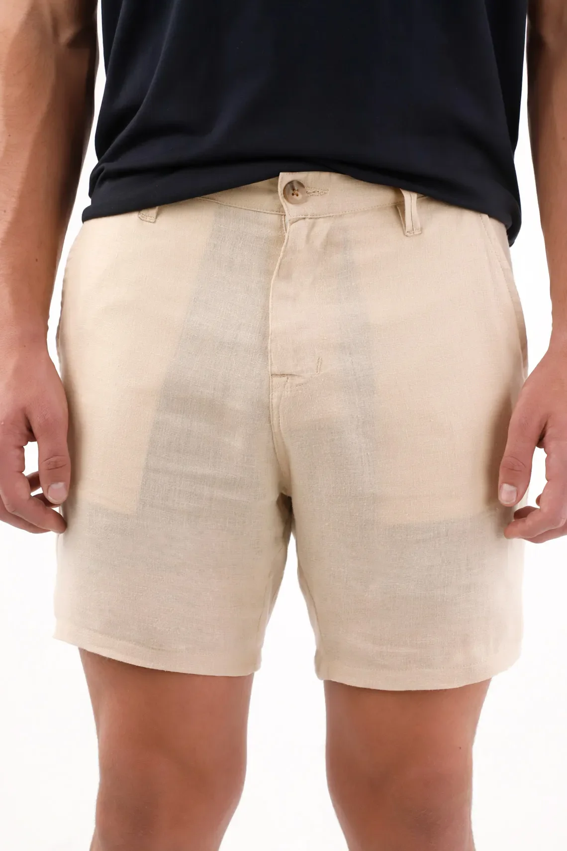 Beige Chino Fit Bermuda with Natural Linen Texture for Men - Image 2