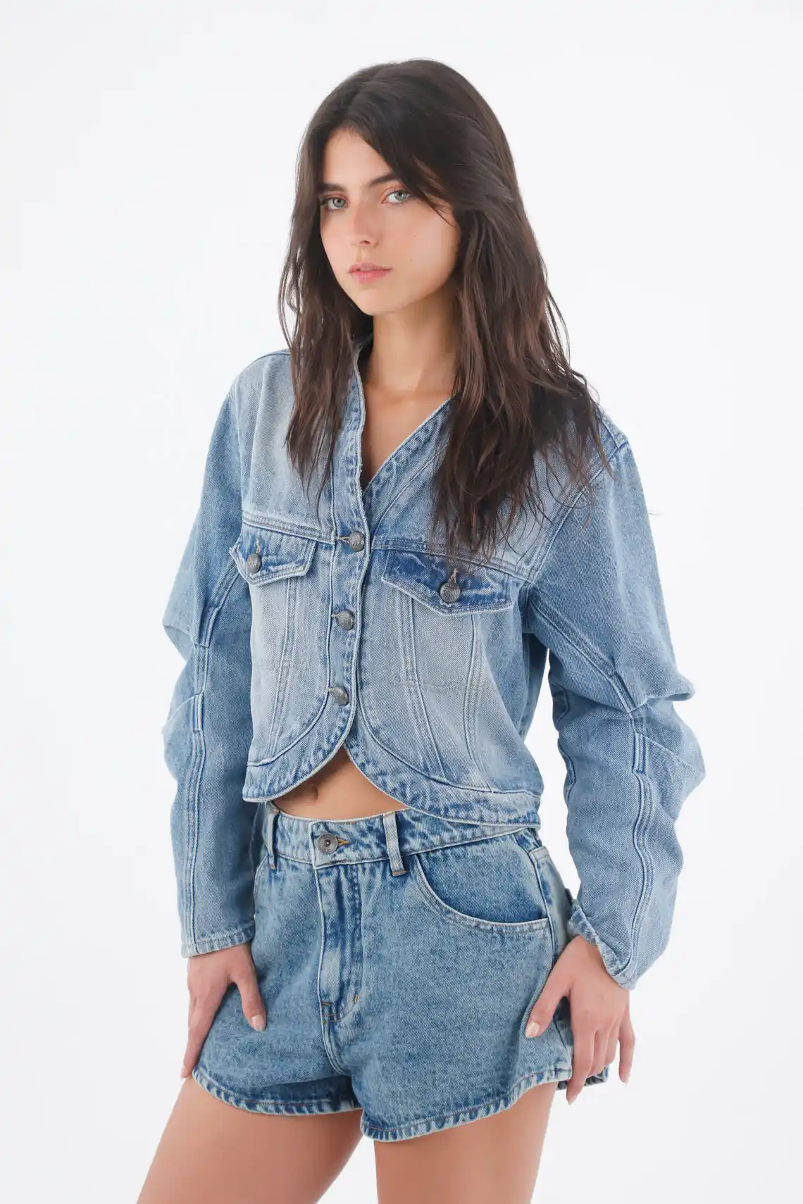 Light Blue Denim Bermuda Shorts for Women with Curved Hem - Image 3