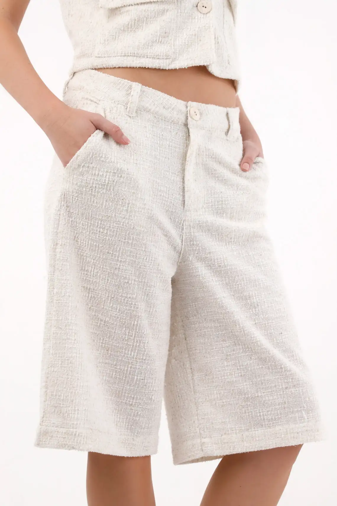 White Tweed Long Bermuda Shorts for Women - Image 2
