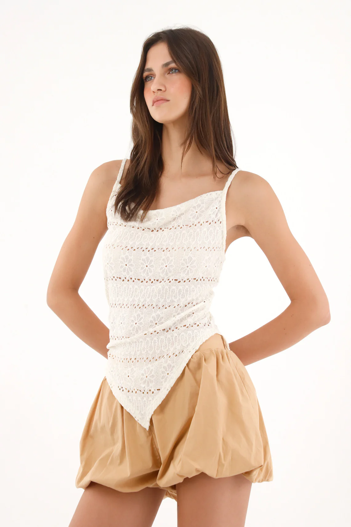 Womens Puffed-Silhouette Shorts with Elastic Waistband in Brown - Image 3