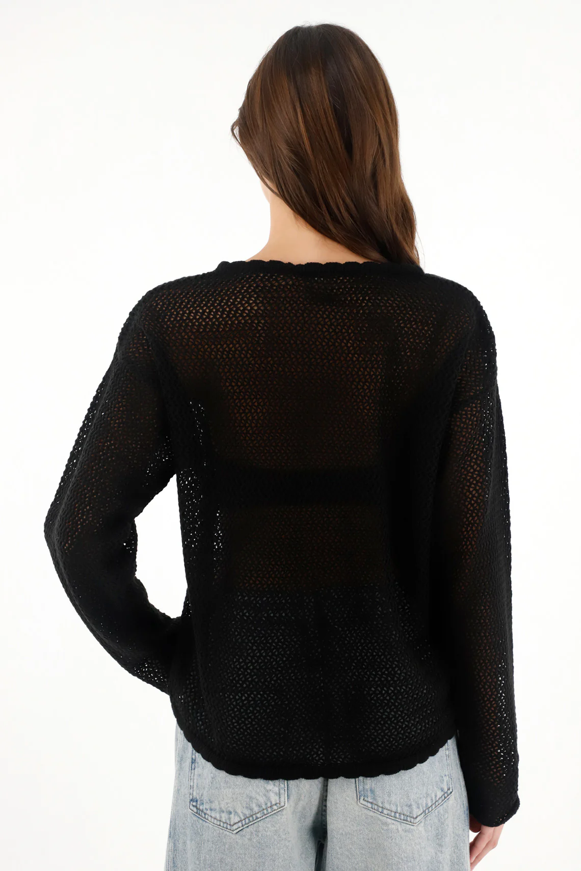 Women's Black Floral Design Open Knit Sweatshirt - Image 4