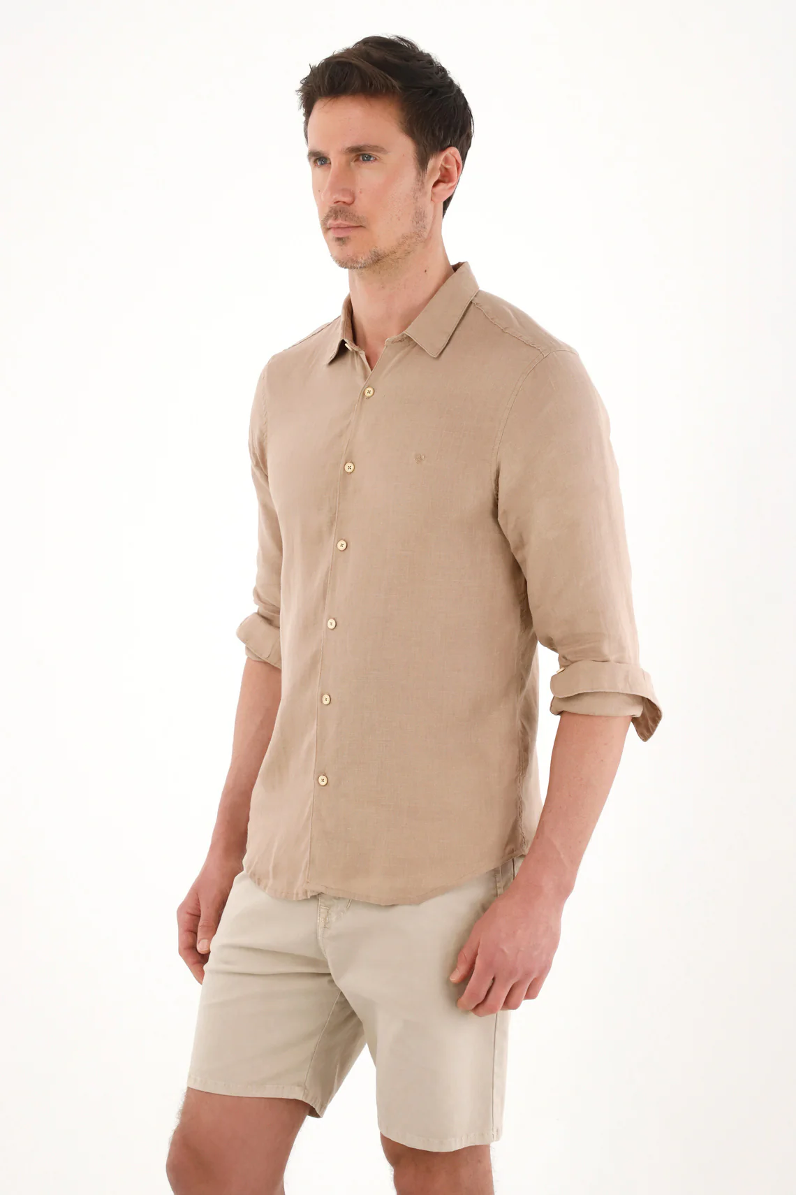 Men's 100% Linen Shirt with Brown Embroidery