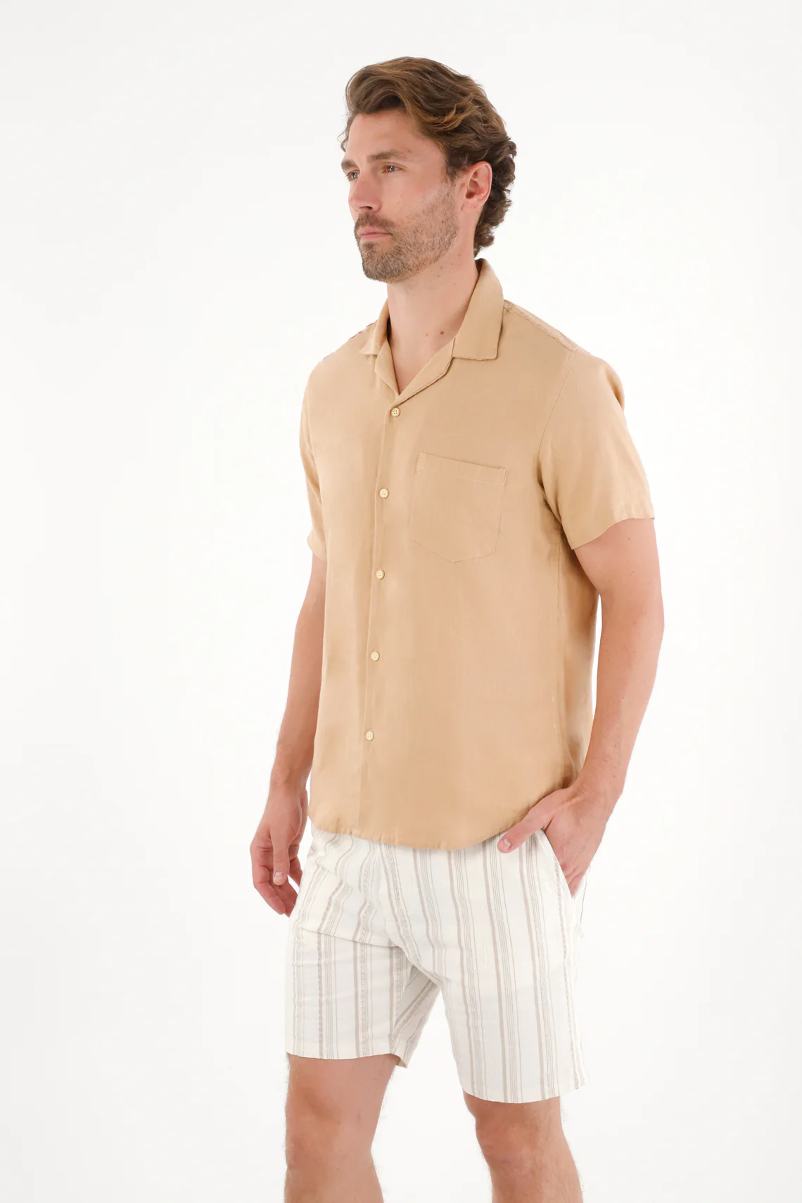 Short Sleeve Coffee Linen Shirt for Men