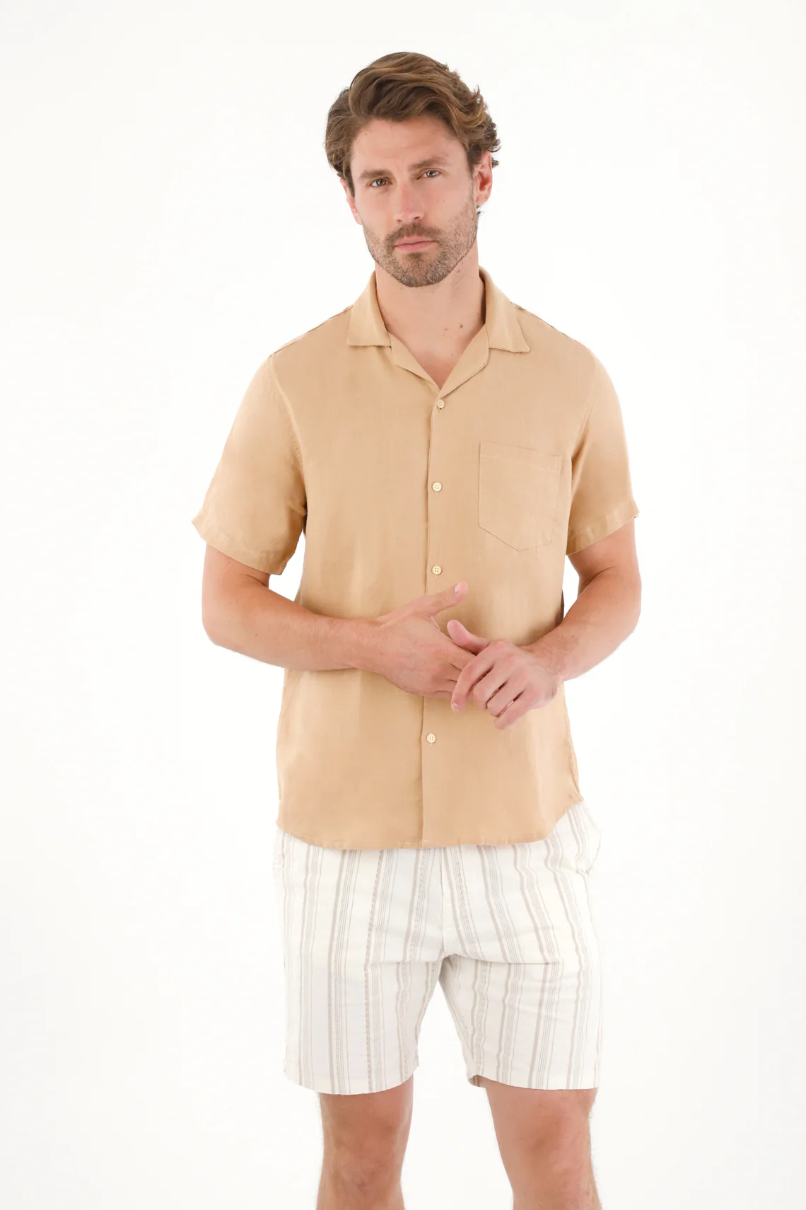 Short Sleeve Coffee Linen Shirt for Men - Image 2
