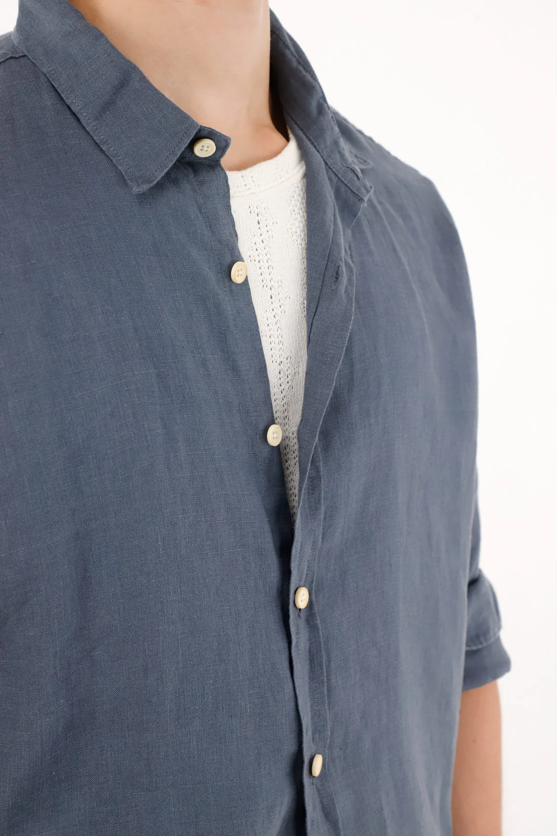 Men's 100% Linen Long Sleeve Blue Shirt - Image 3