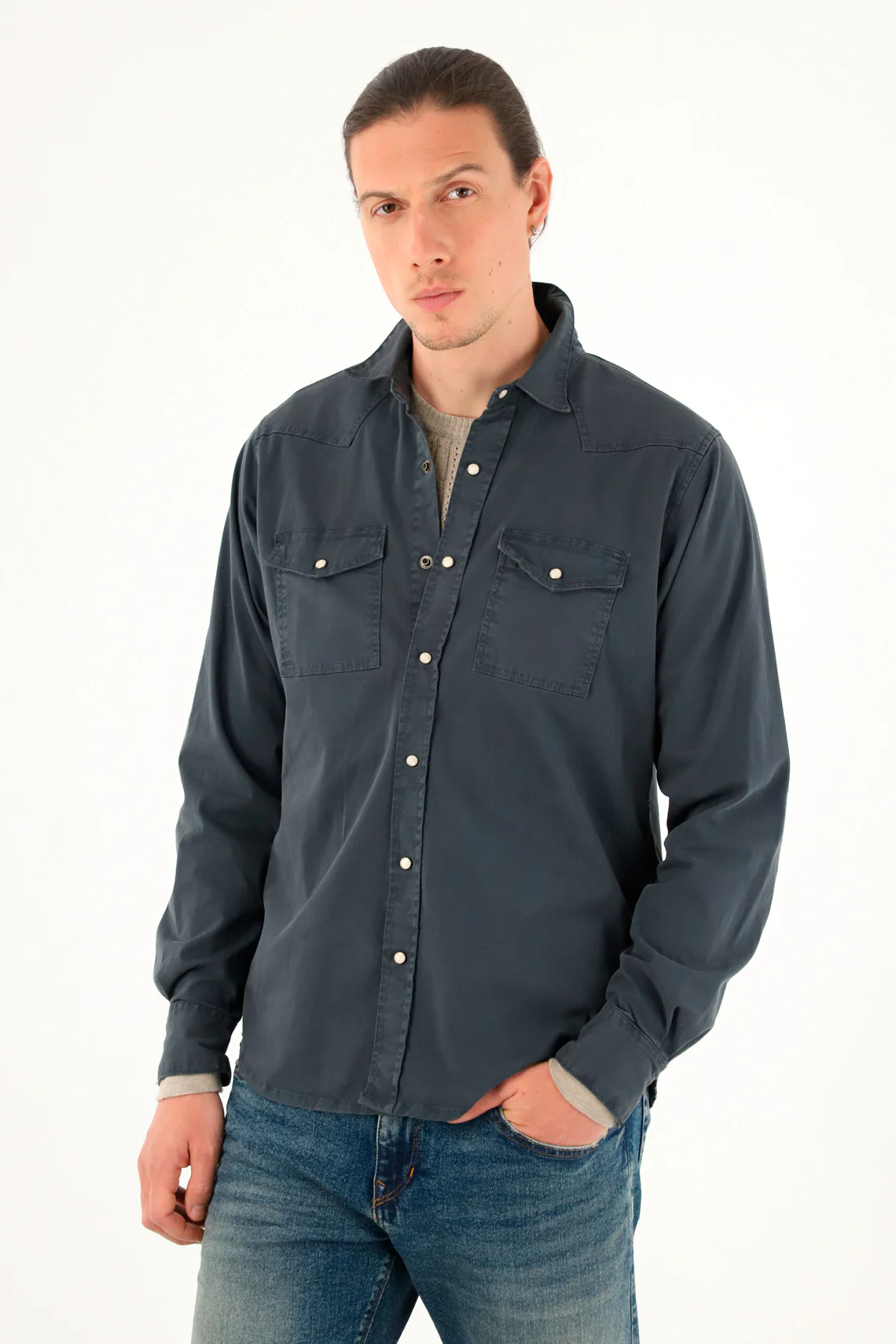 Men's blue long sleeve shirt