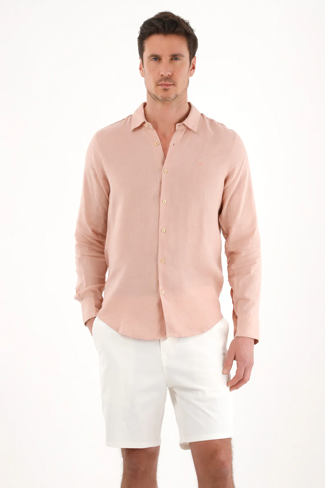 Men's 100% Linen Pink Embroidered Shirt - Image 2