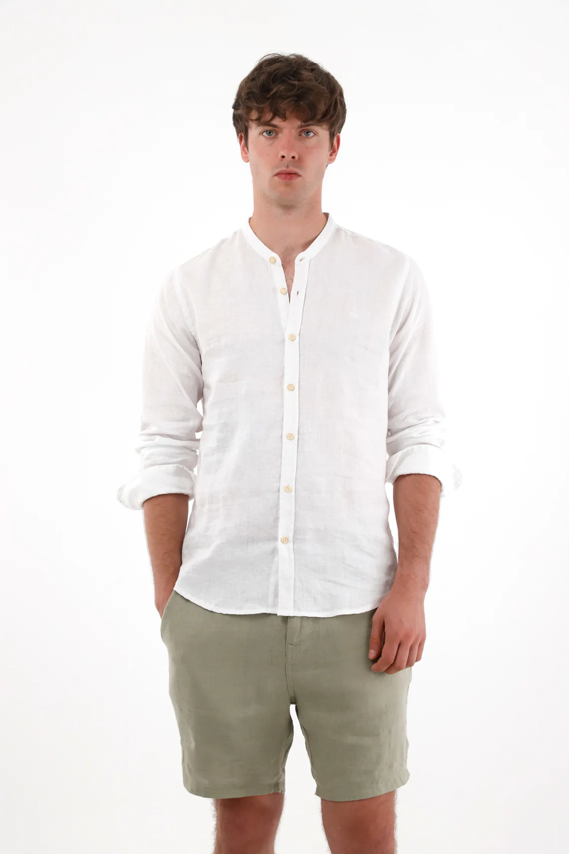 White 100% Linen Men's Nehru Collar Shirt - Image 2