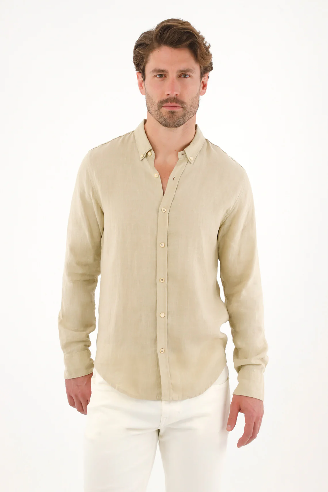 Men's 100% Linen Long Sleeve Green Shirt