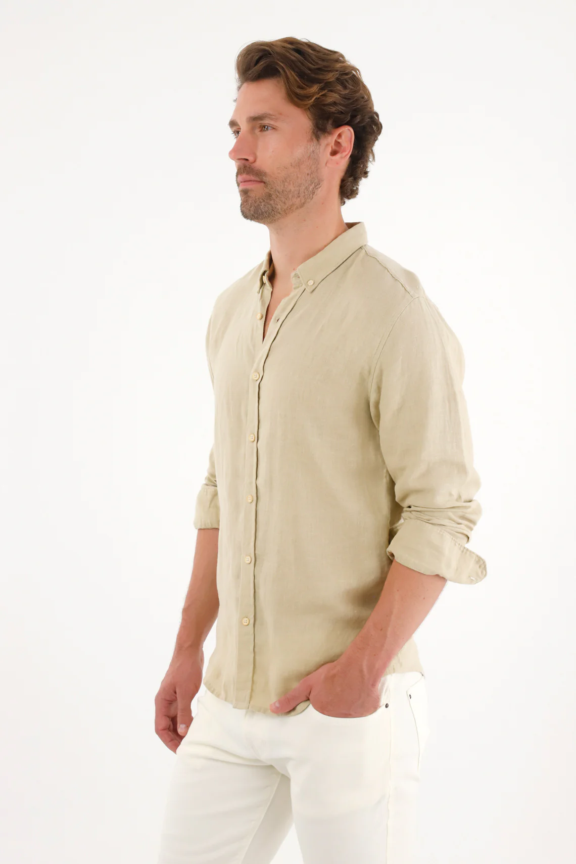 Men's 100% Linen Long Sleeve Green Shirt - Image 2