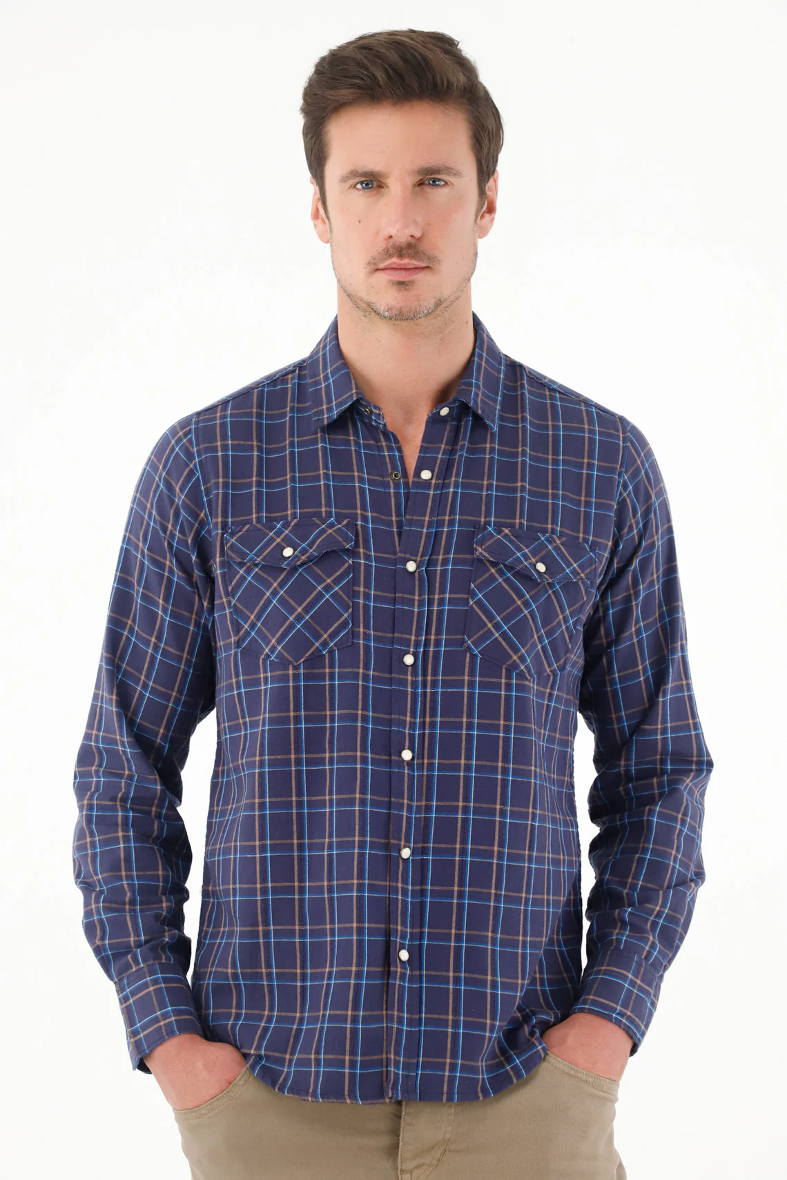 Men's Classic Collar Blue Checkered Shirt - Image 3