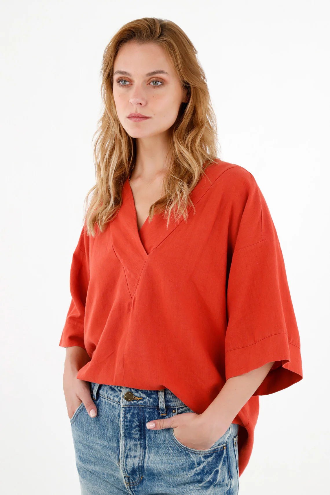Women's Red V-Neck Shirt - Image 2