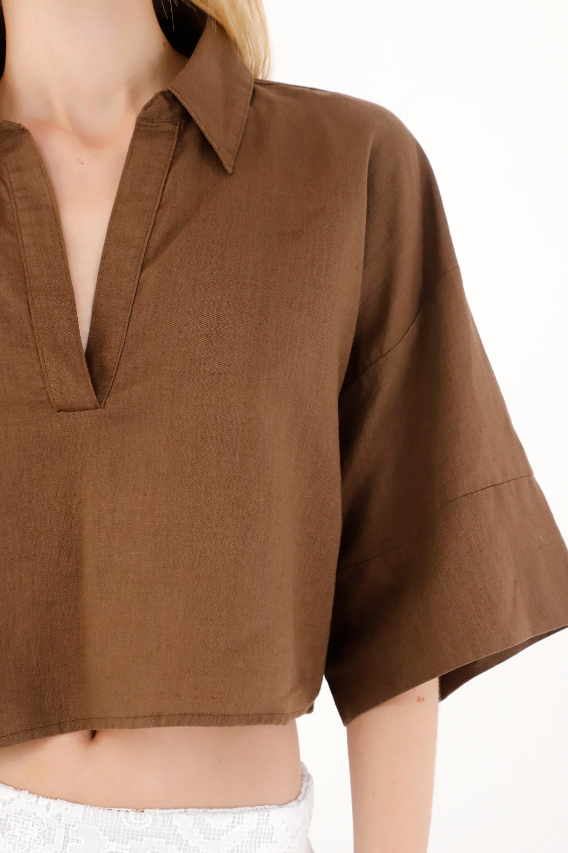 Women's Short Sleeve Boxy Fit Brown Shirt - Image 3