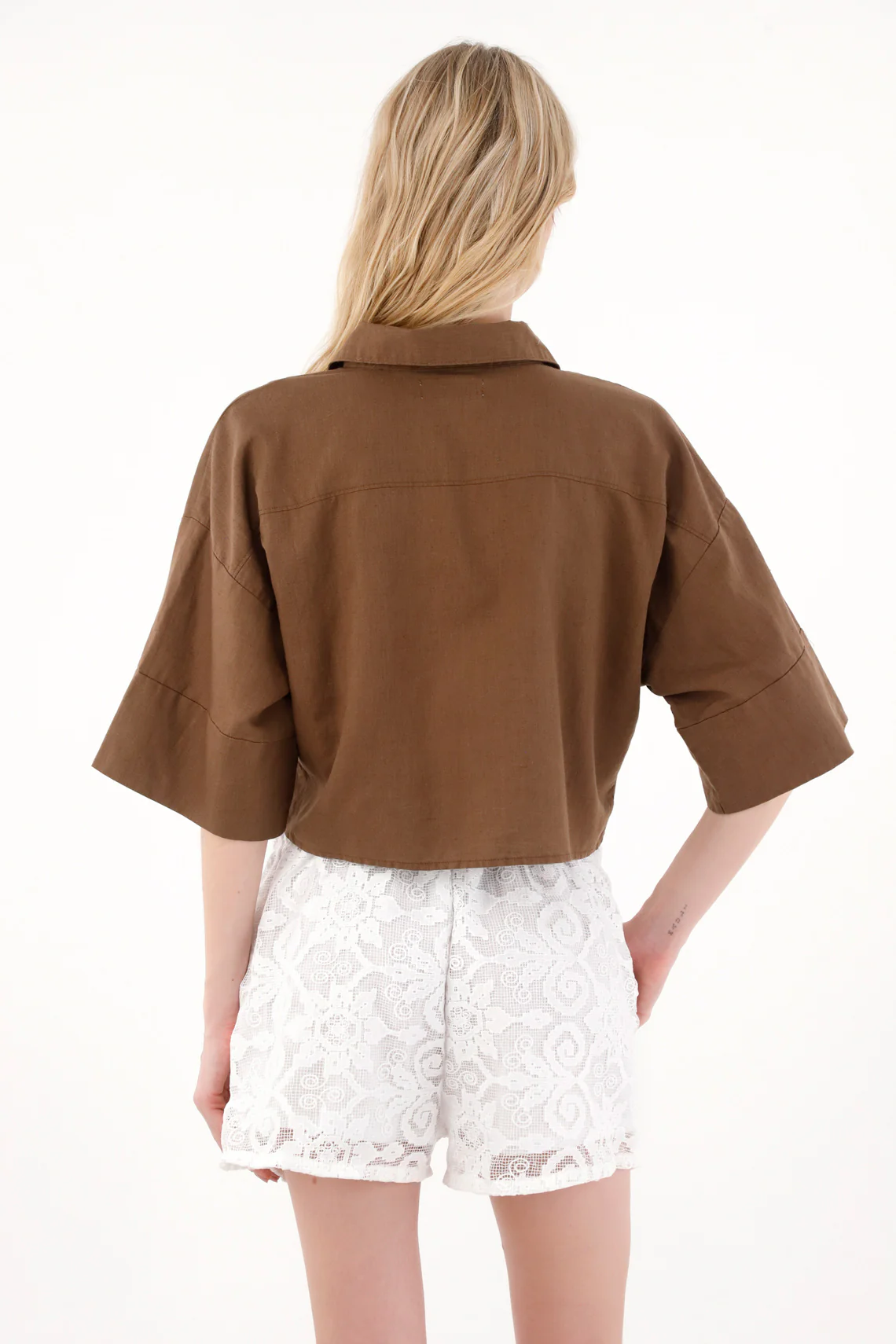 Women's Short Sleeve Boxy Fit Brown Shirt - Image 4