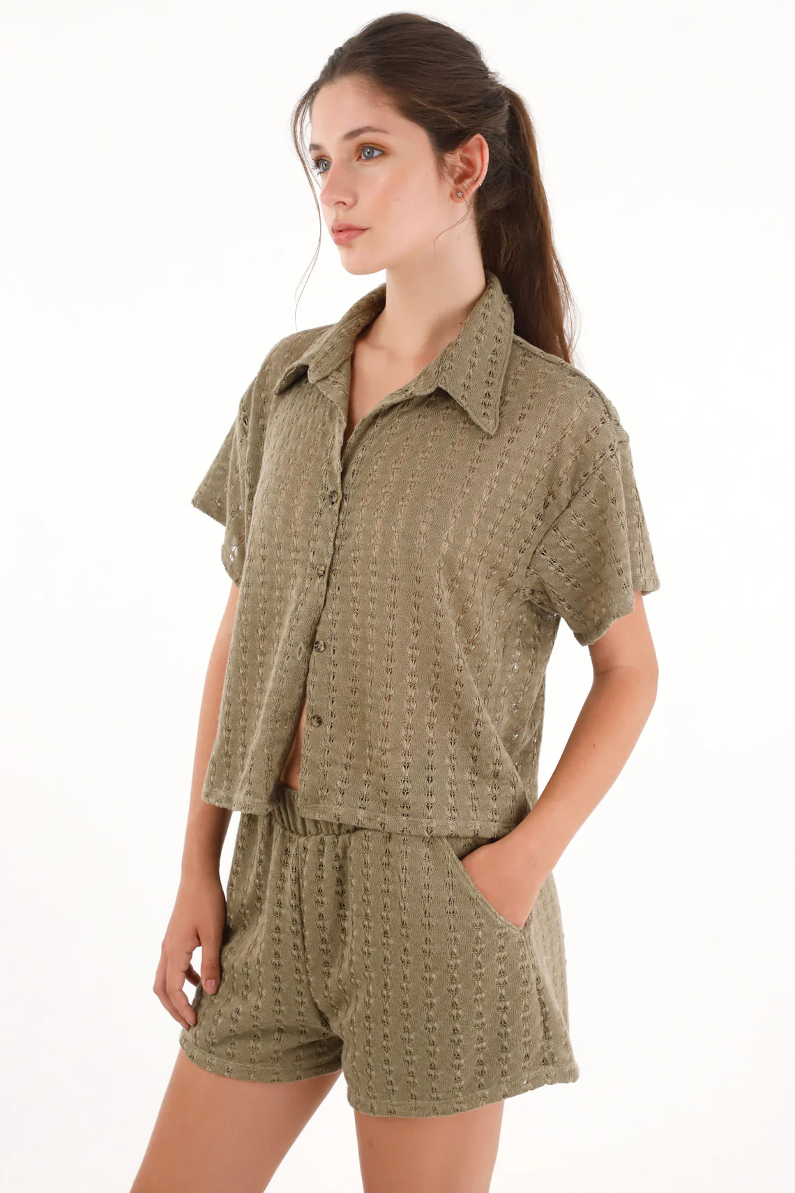Women's Short Sleeve Woven Green Shirt
