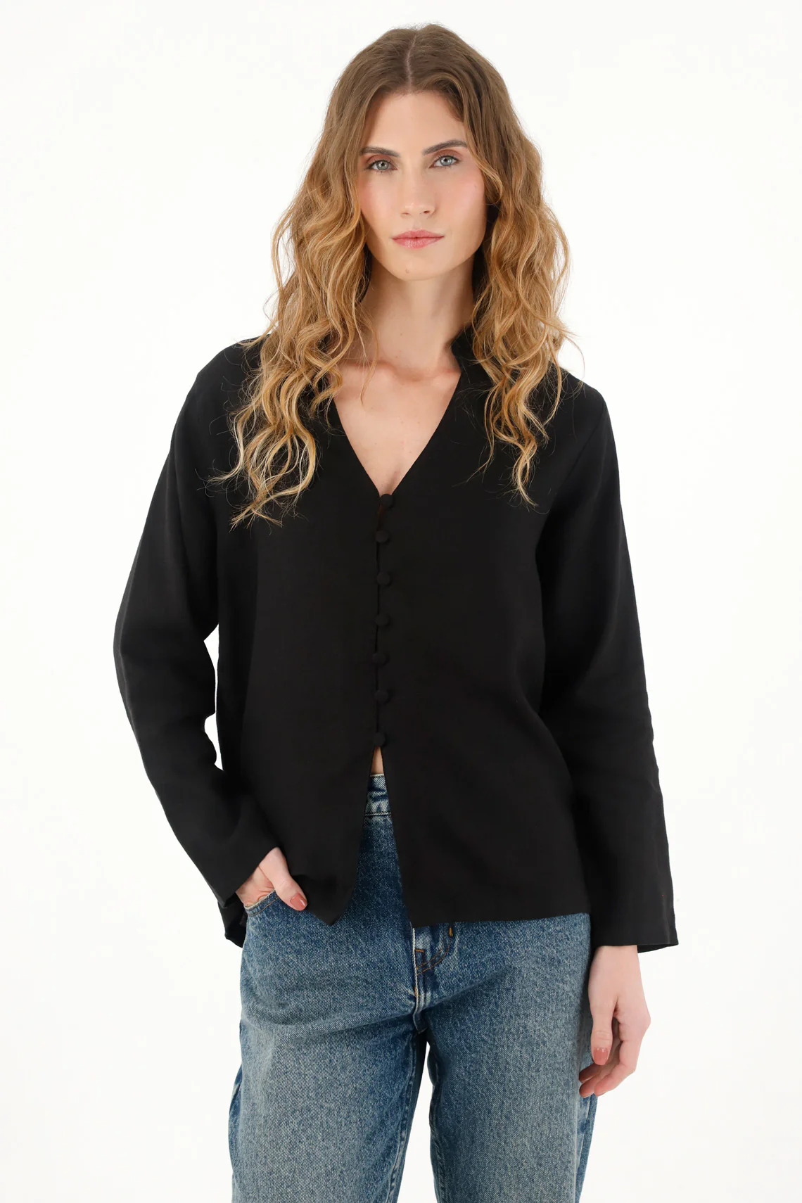 Women's black neru collar shirt in 100% linen - Image 2