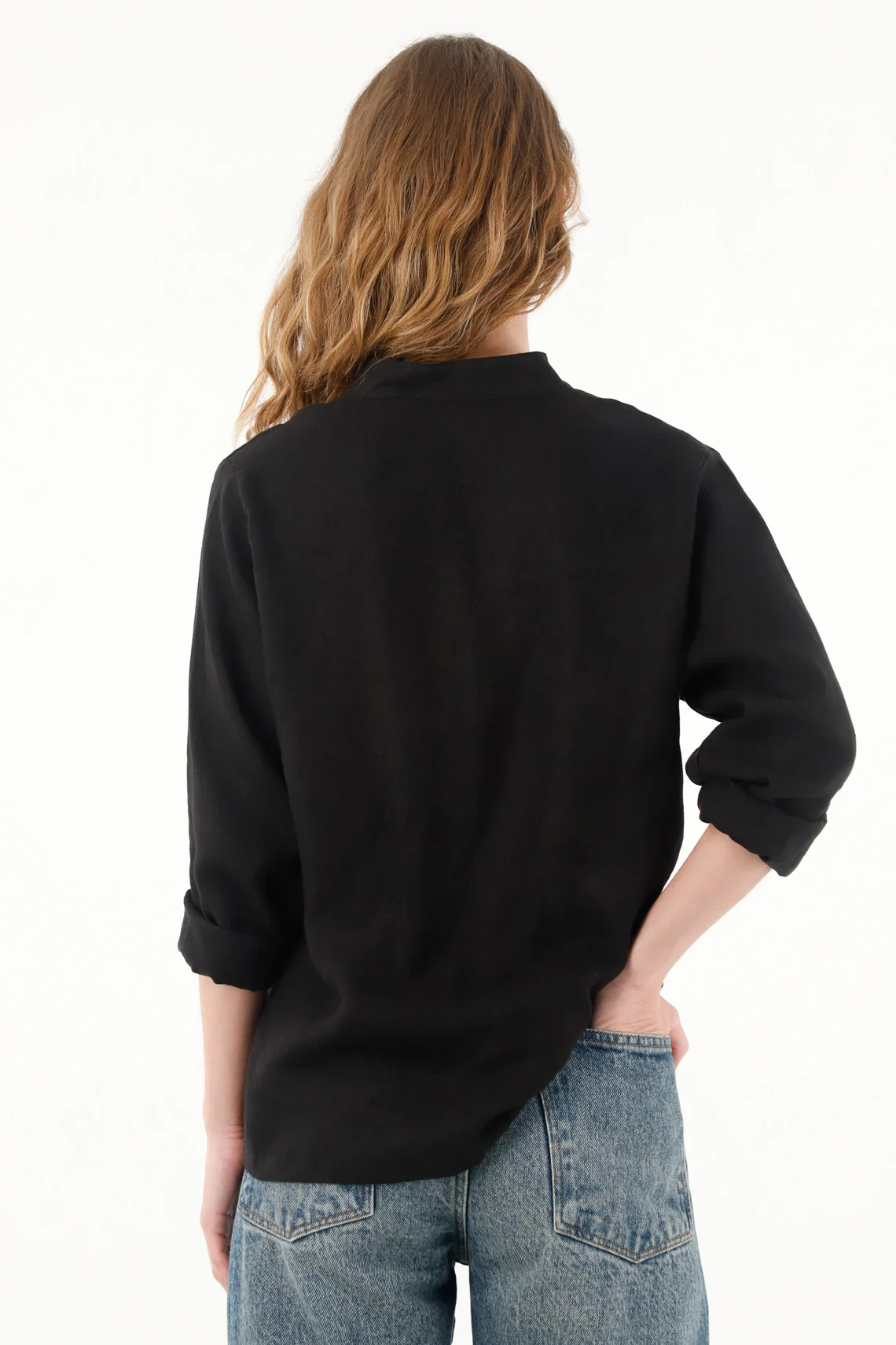 Women's black neru collar shirt in 100% linen - Image 4