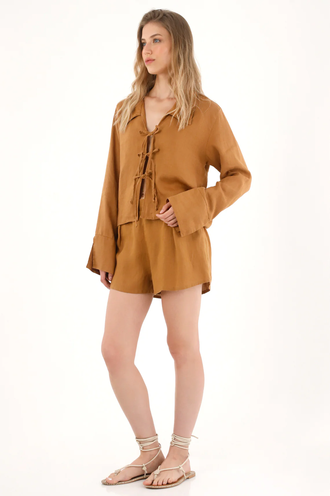 Women's 100% Linen Brown Tie-Front Shirt - Image 2