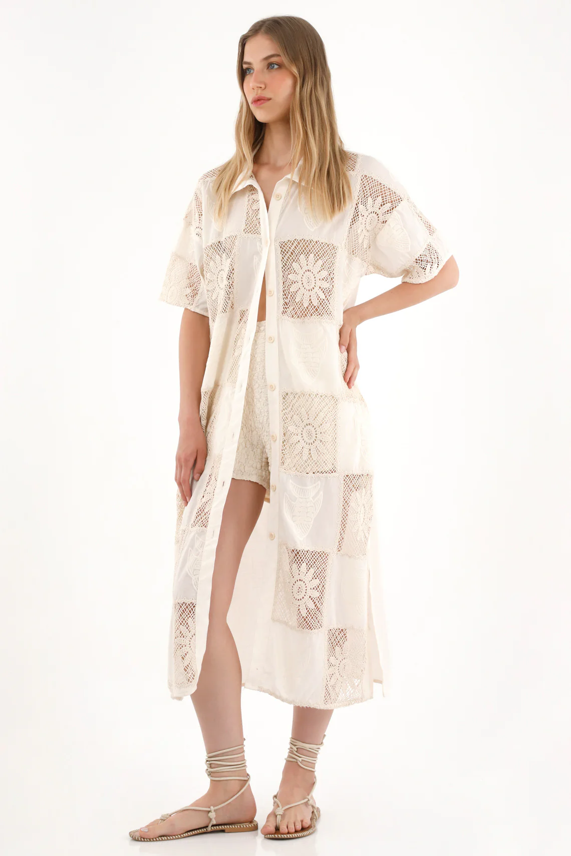 Long Button-Up Shirt in Cream for Women - Image 2