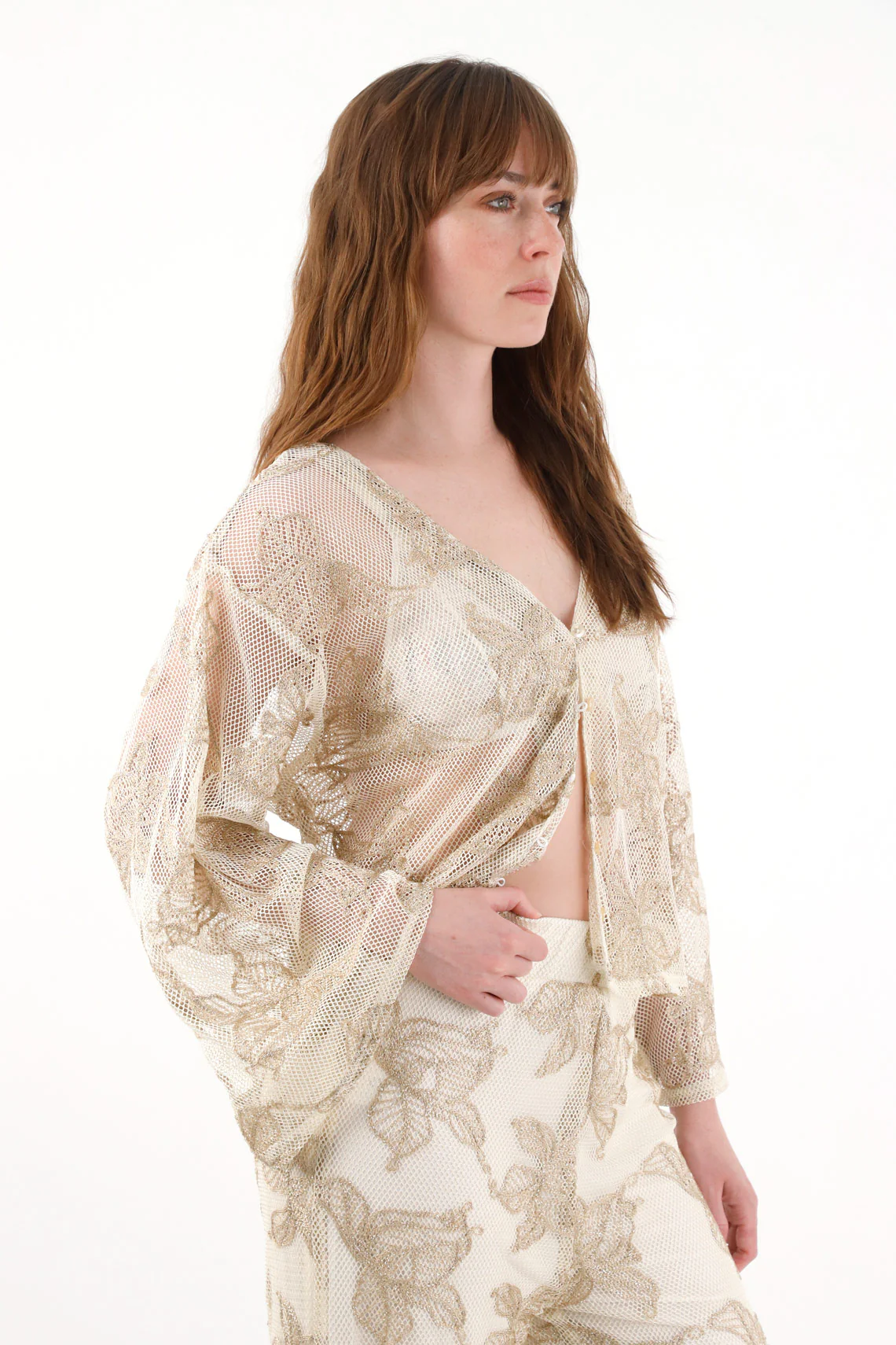 Women's Embroidered Mesh Blouse in Cream - Image 3