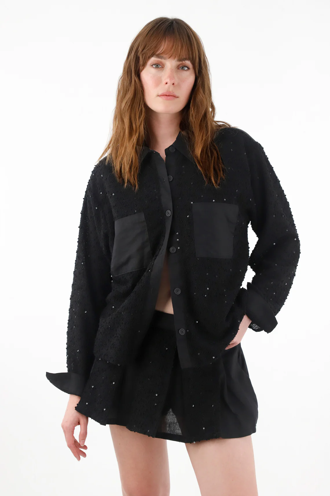 Black Sequin Detail Linen Shirt for Women