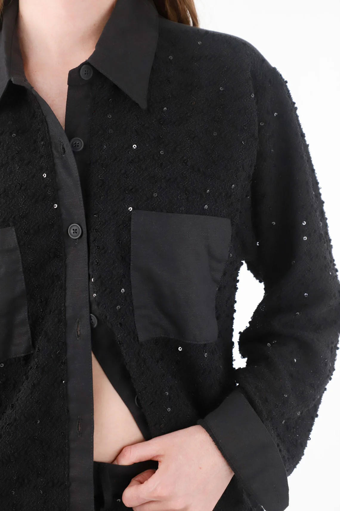 Black Sequin Detail Linen Shirt for Women - Image 3