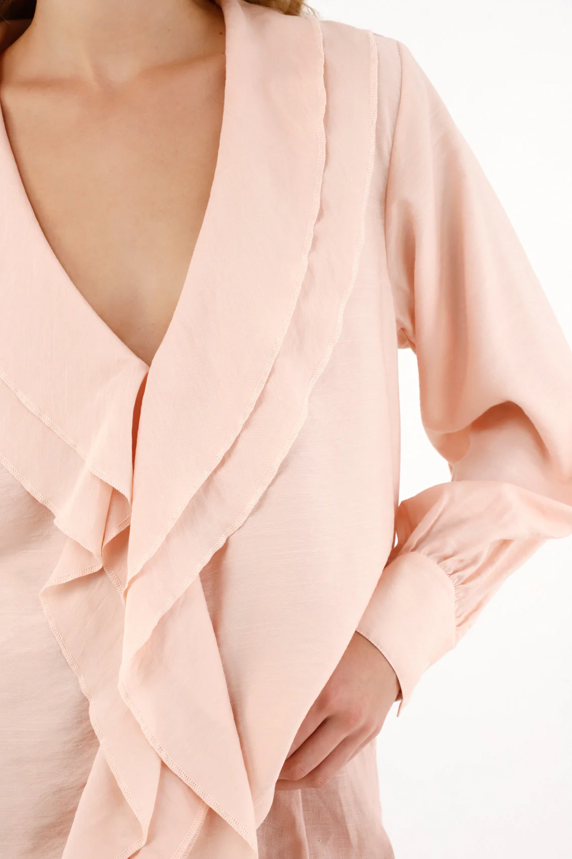 Women's Ivory V-Neck Blouse with Cascading Ruffles - Image 3