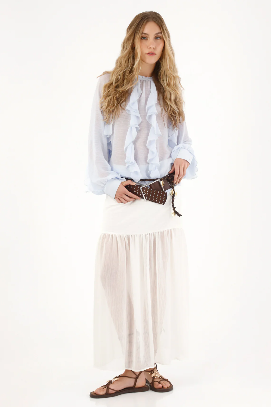 Women's Blue Ruffled Sheer Blouse - Image 3