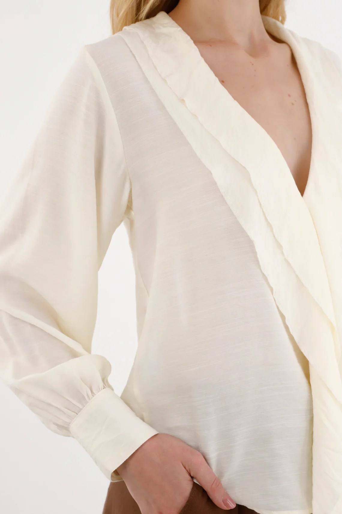 Women's Cream V-Neck Blouse with Ruffles - Image 4
