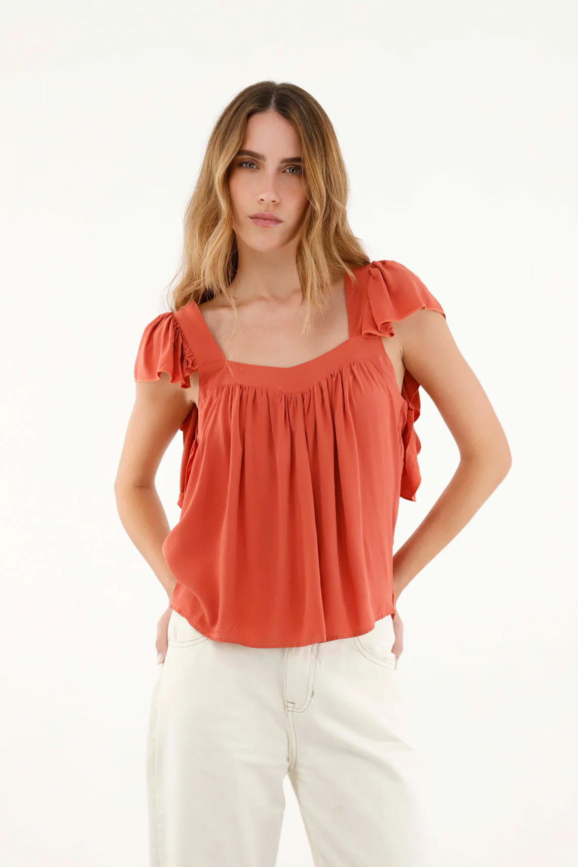 Women's Orange Straight Neck Chalis Shirt - Image 2