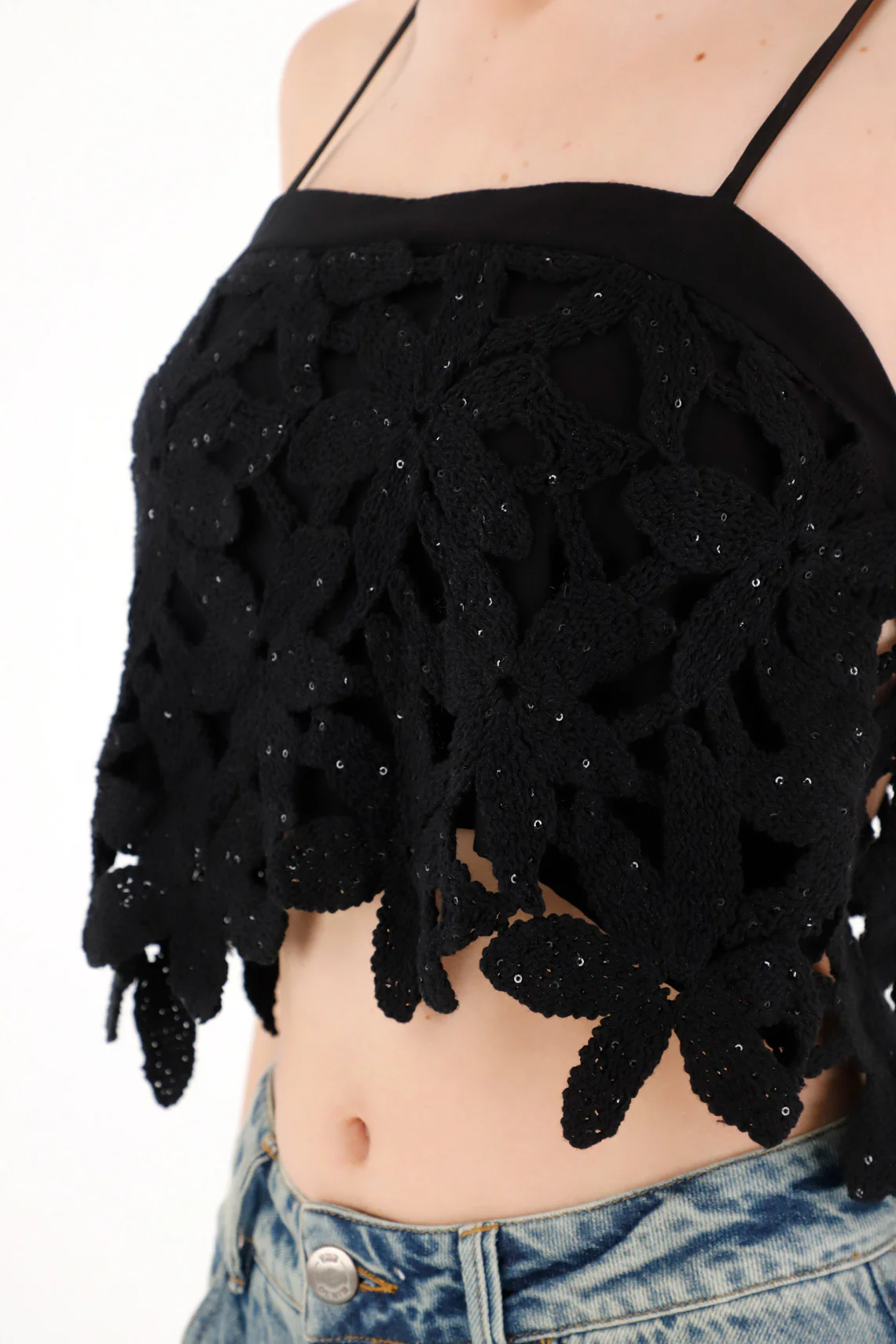 Black Floral Embroidered Crop Shirt for Women - Image 3