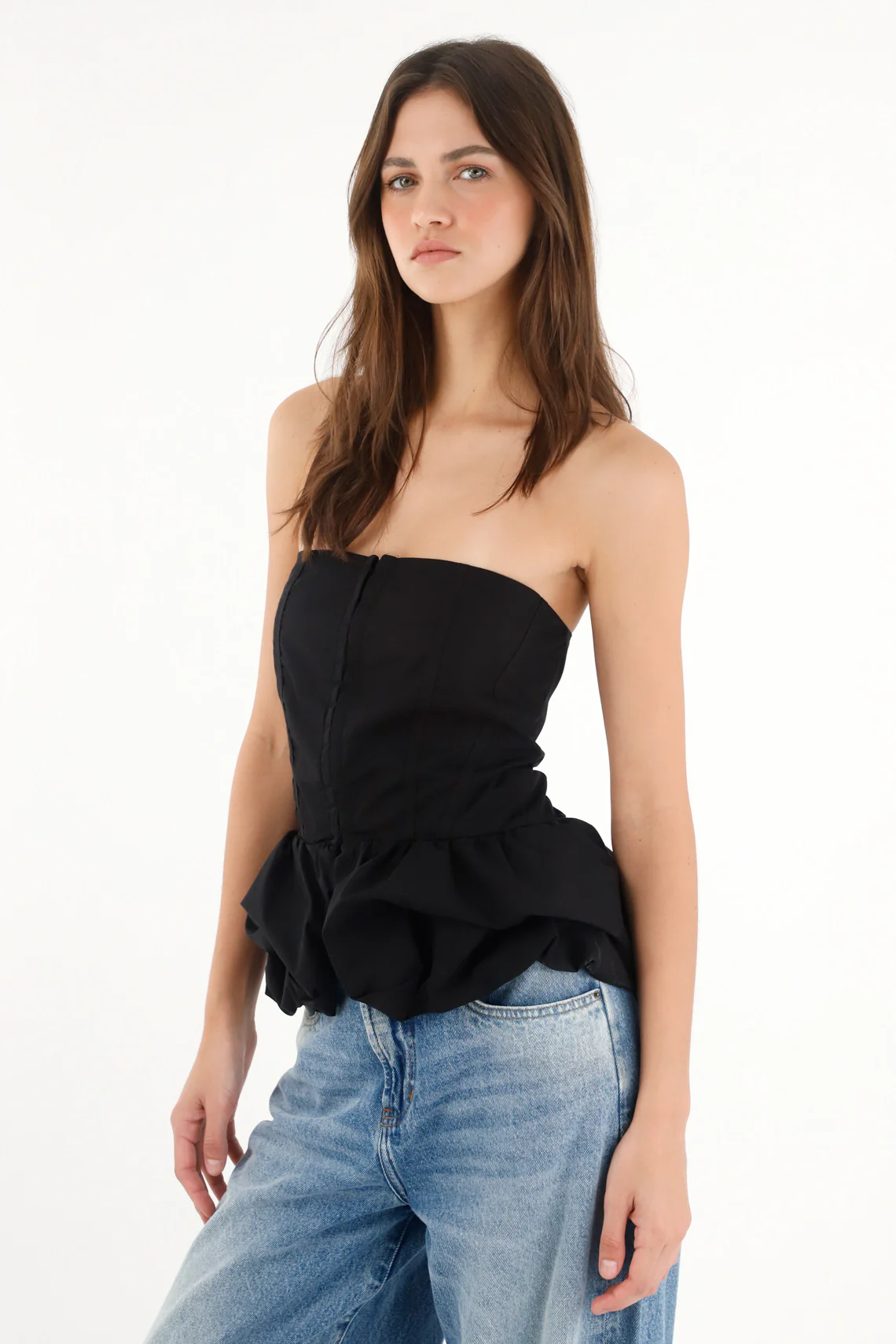 Women's black puffed strapless shirt - Image 2