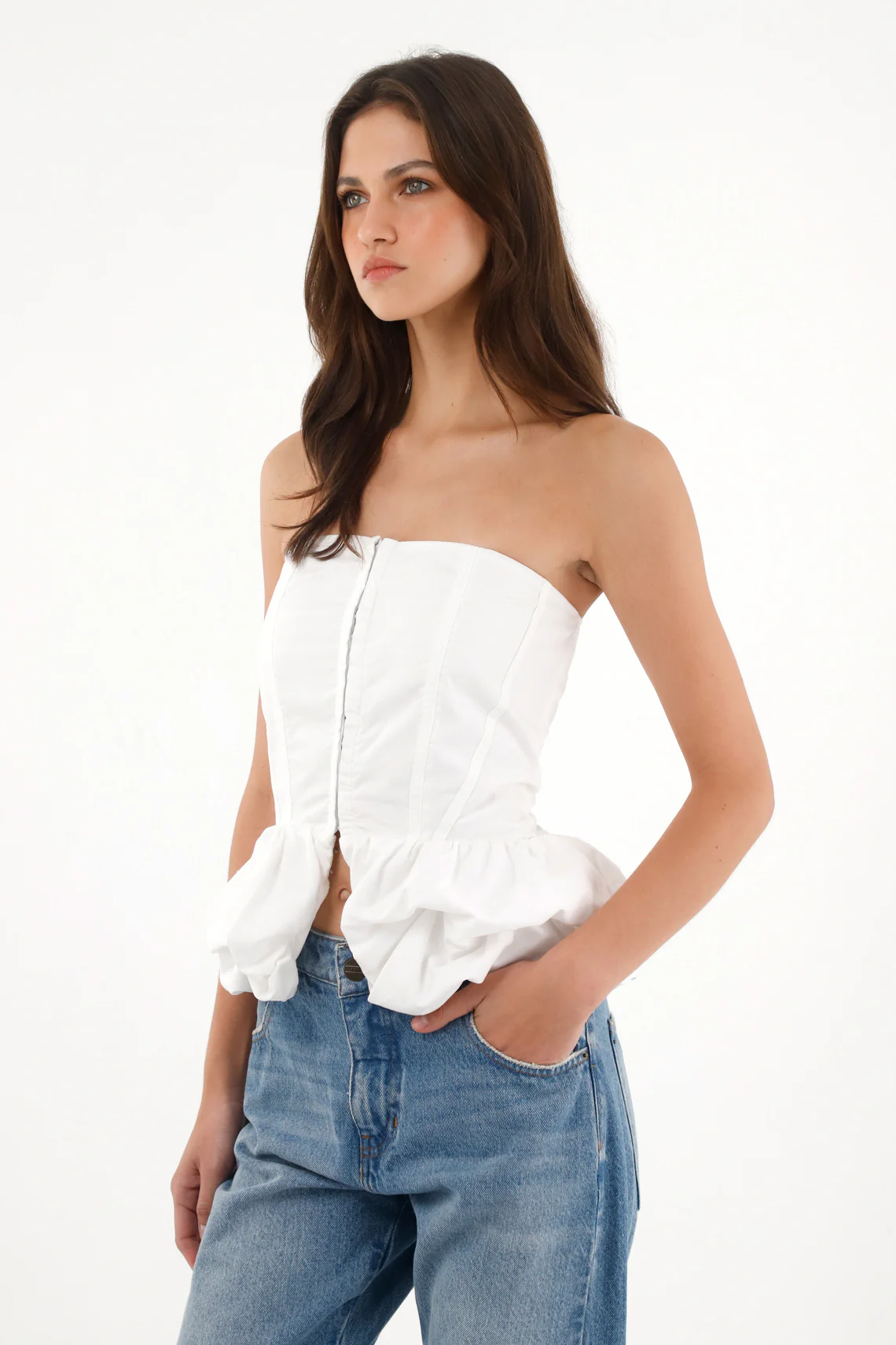 Women's ivory puffed sleeve strapless blouse