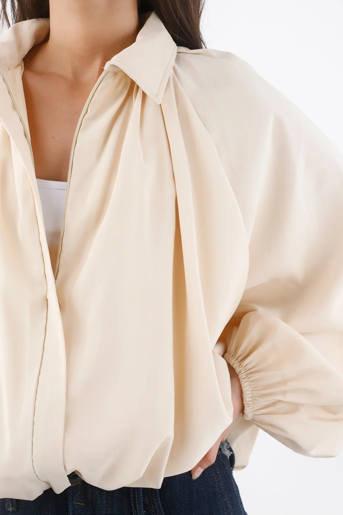 Blouse for Women in Soft Ivory Fabric, Loose Fit with Pleats - Image 5