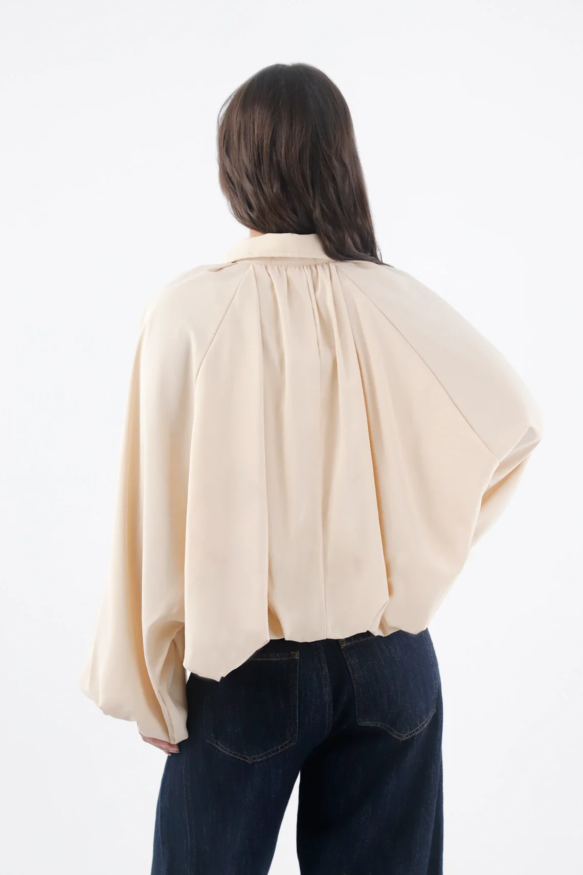 Blouse for Women in Soft Ivory Fabric, Loose Fit with Pleats - Image 6