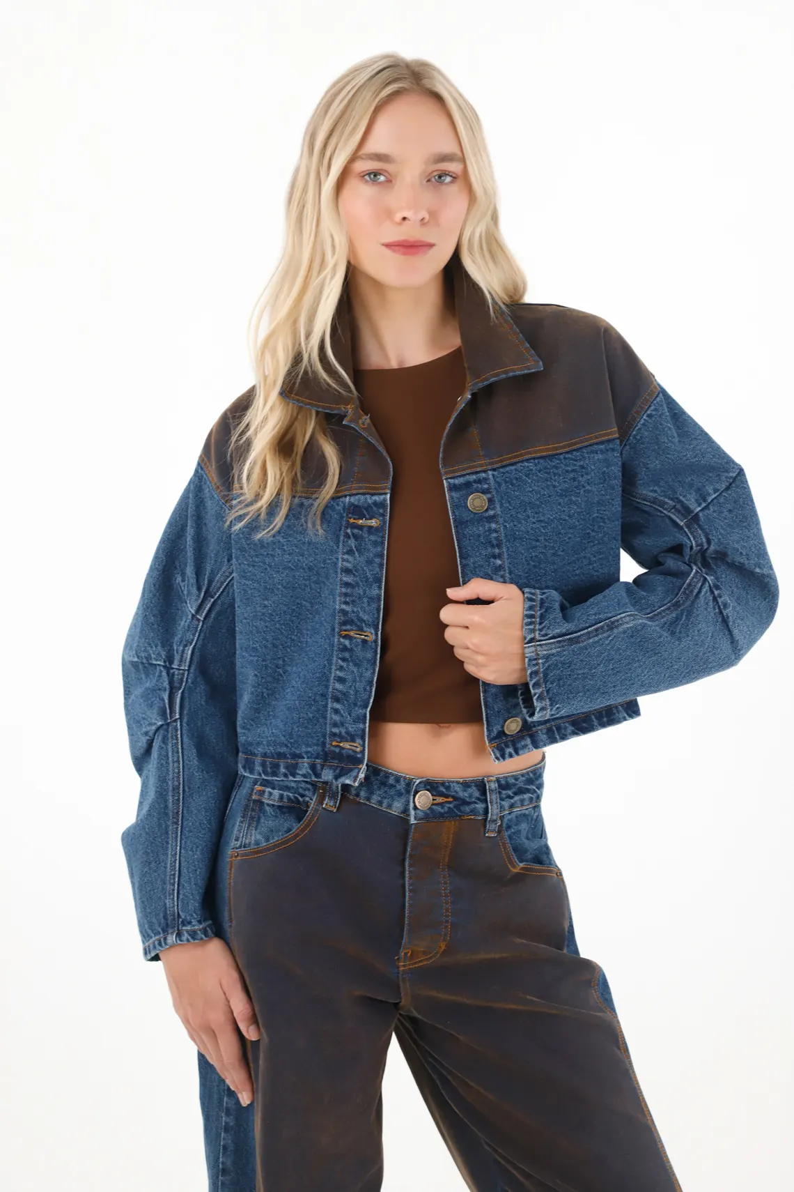 Crop Jacket with Contrast Fabric for Women