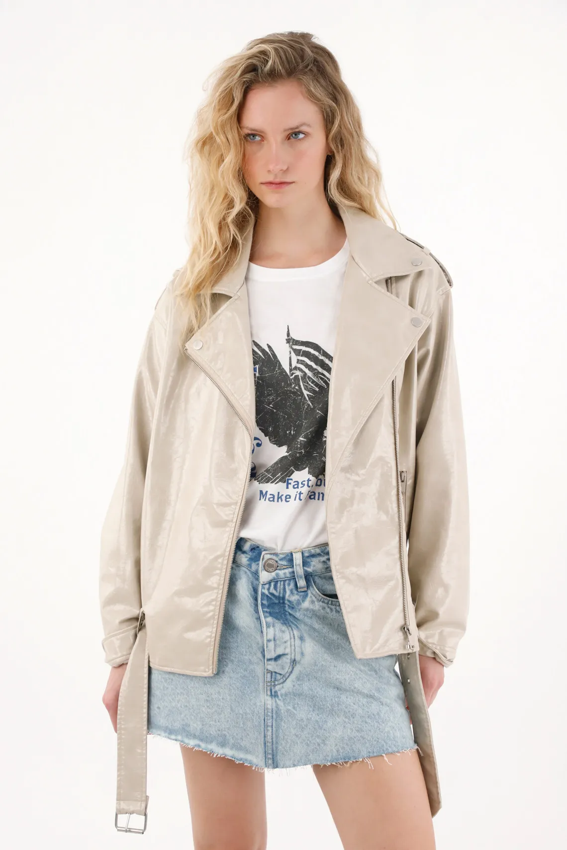 Shiny Leather-Look Jacket for Women