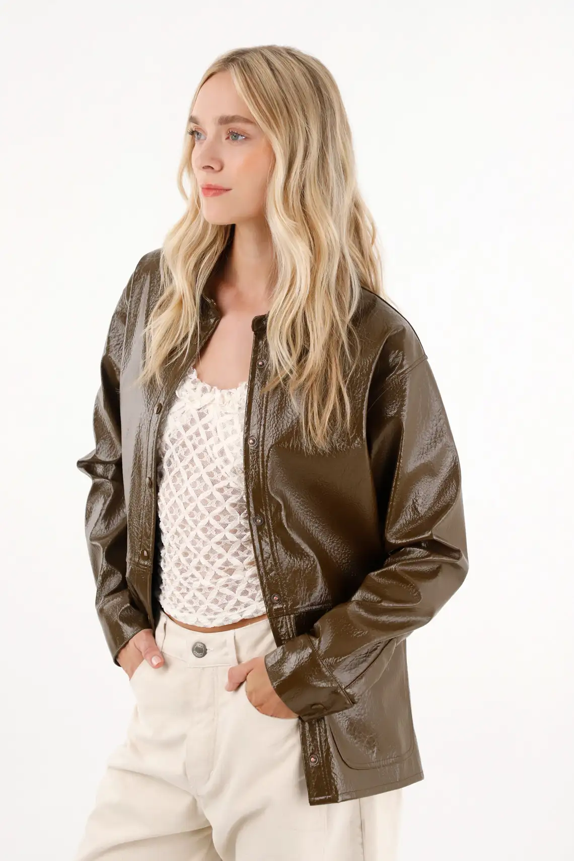 Long Synthetic Leather Jacket for Women