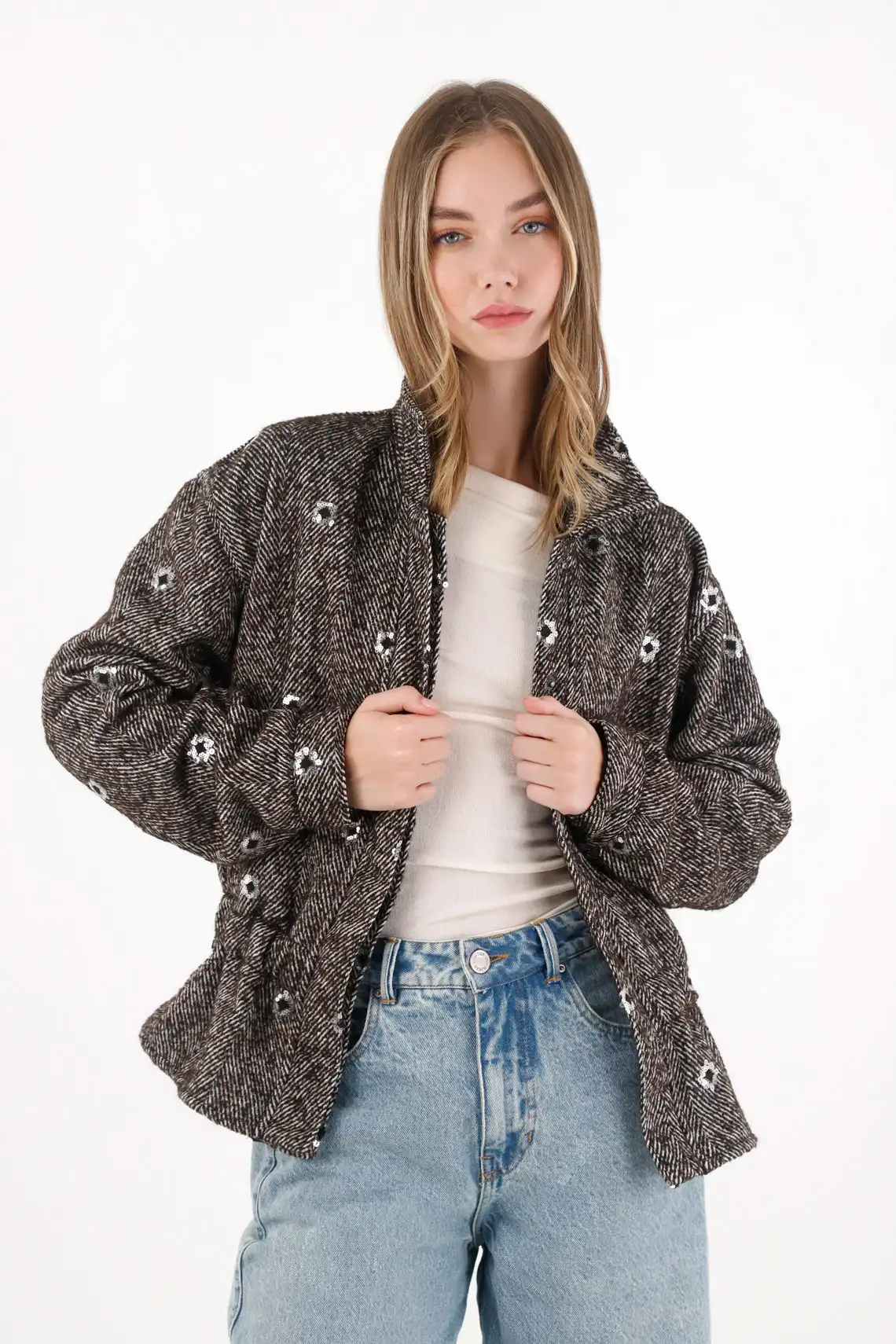 Shiny Effect Jacket with Brown Sequins for Women