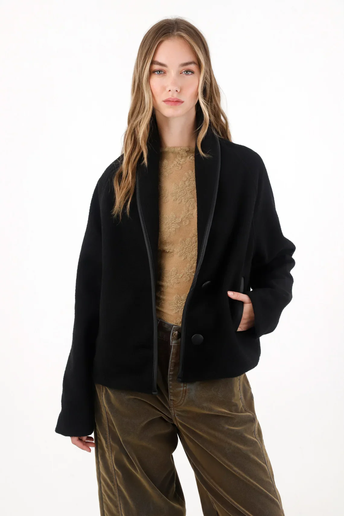 Black Jacket with Synthetic Leather Details for Women - Image 3