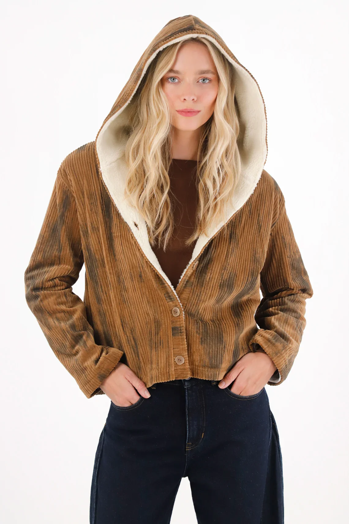 Brown Corduroy Jacket with Hood for Women - Image 2