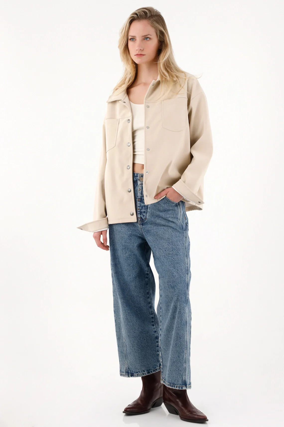 Off-White Synthetic Leather Jacket for Women - Image 2