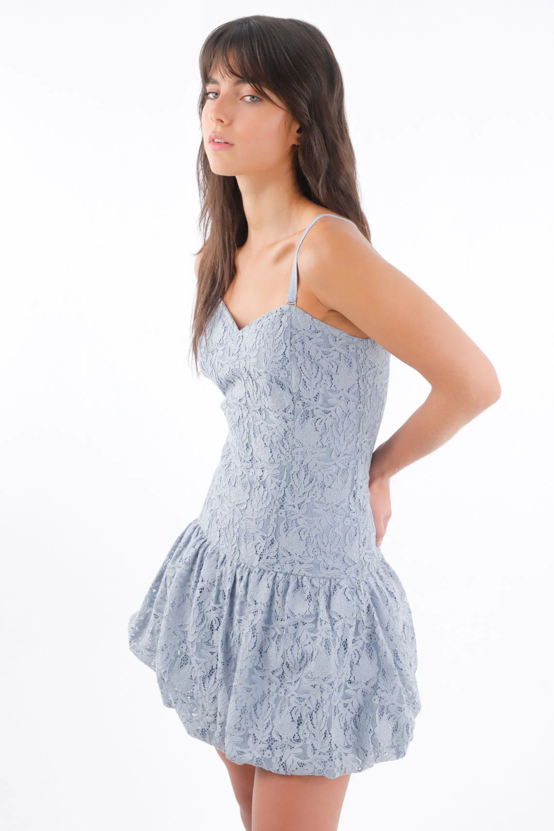 Sky Blue Lace Short Dress for Women with Heart Neckline - Image 2