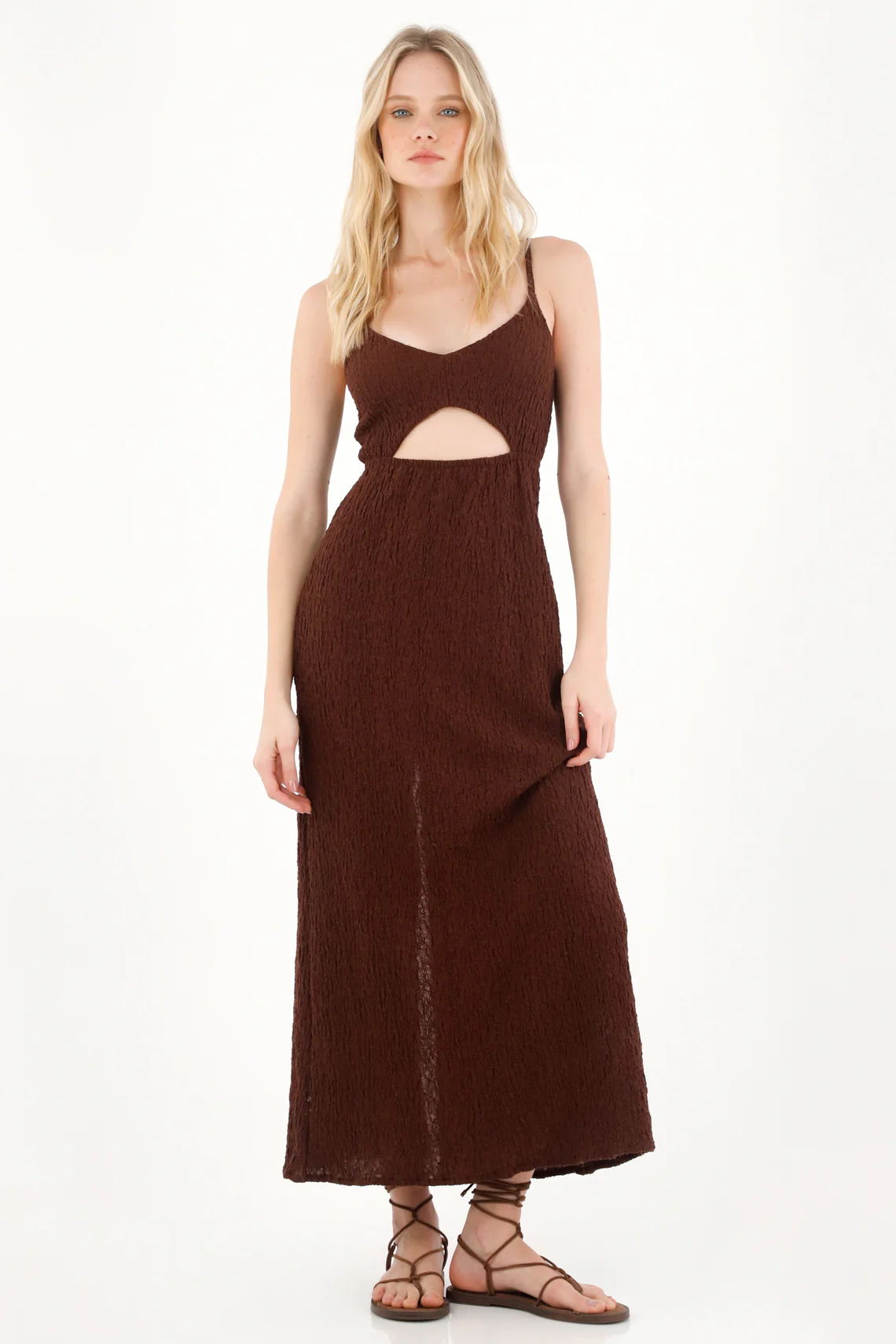 Long dress with V-neck in brown for women - Image 3