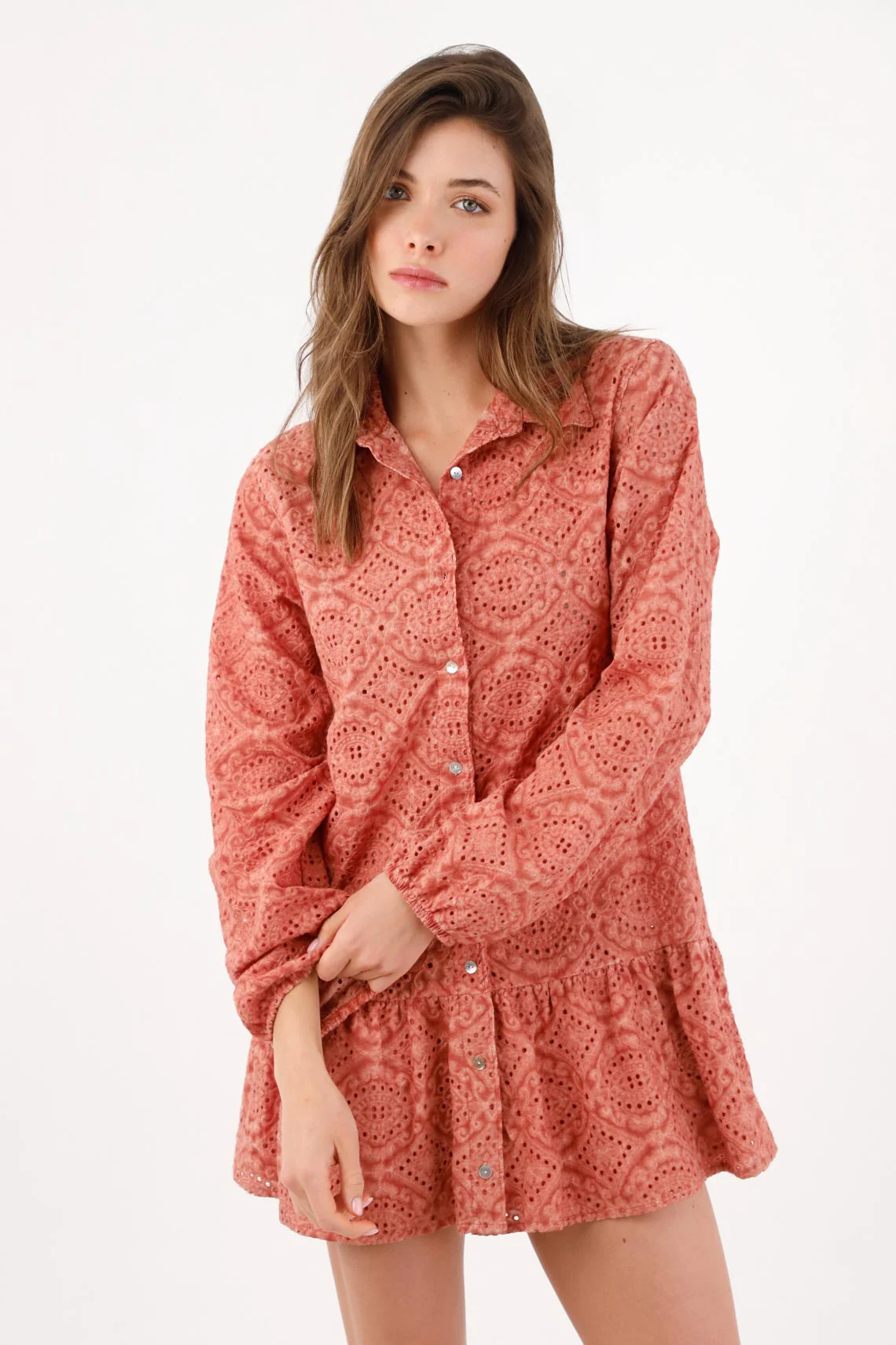 Relaxed Shirt Dress with Geometric Broderie in Terracotta Cotton for Women